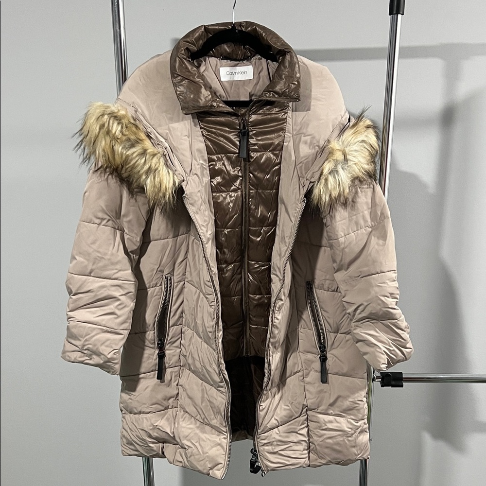 Calvin Klein Women's Beige Puffer Jacket with Faux Fur